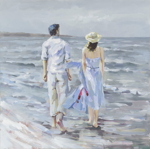 PXYW570A Wall décor art oil on canvas seascape couple walking blue white tones